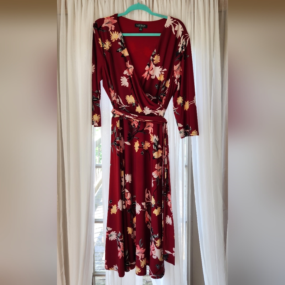 Ralph Lauren Burgundy Floral Long Sleeve Dress